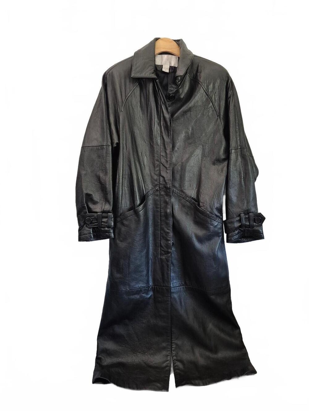 Vintage The Limited Black Genuine Leather Full-Length Trench Coat Size S